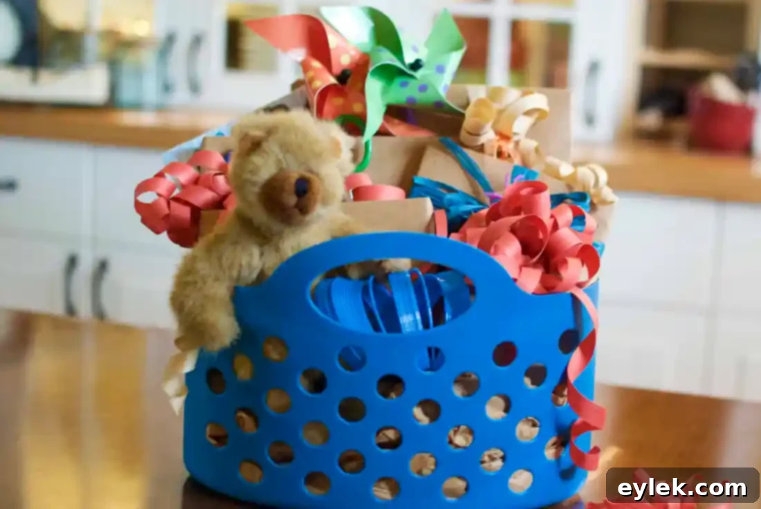 Bargain Bliss 9 Close-up of a filled dollar store celebration basket showing various wrapped presents and a small toy, highlighting the careful arrangement