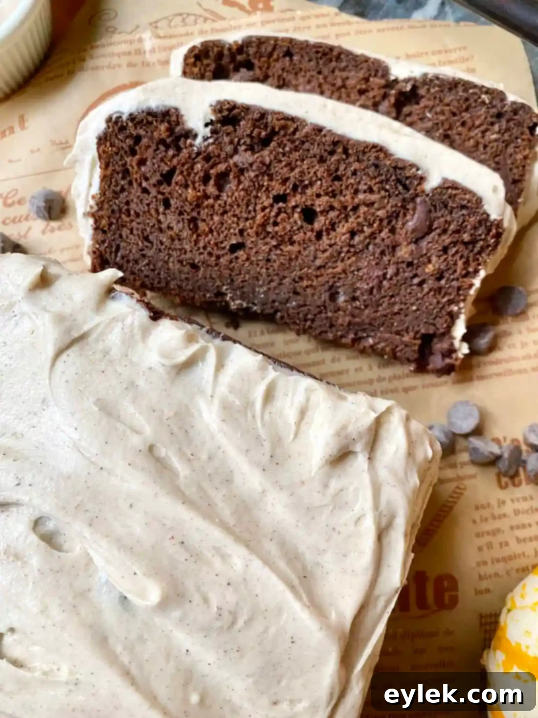 A slice of Spiced Chocolate Pumpkin Cake with Chai Frosting