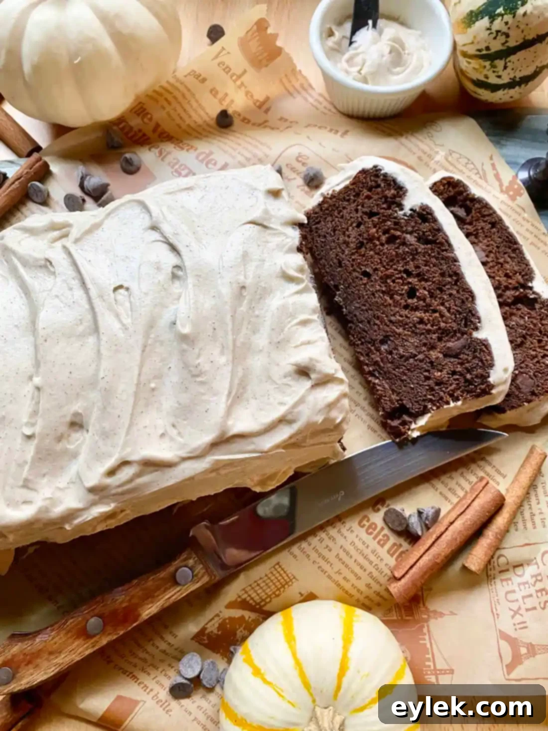 Side view of Spiced Chocolate Pumpkin Cake with Chai Frosting