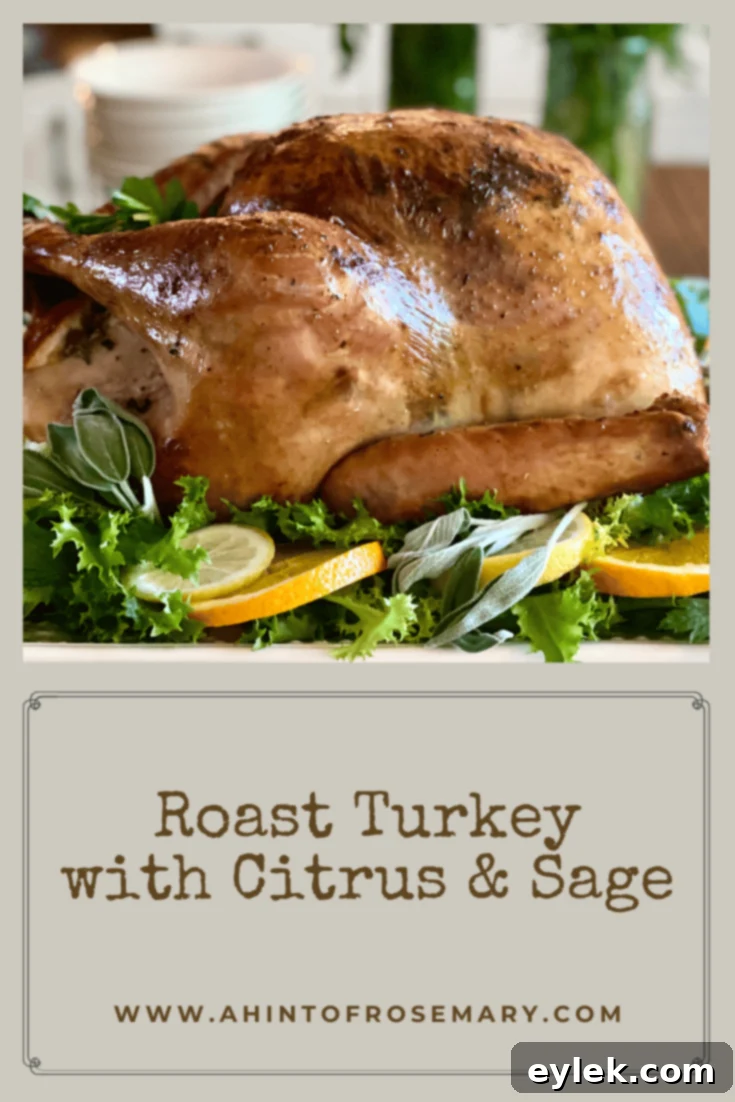 Roast Turkey with Citrus & Sage on a platter with garnishes