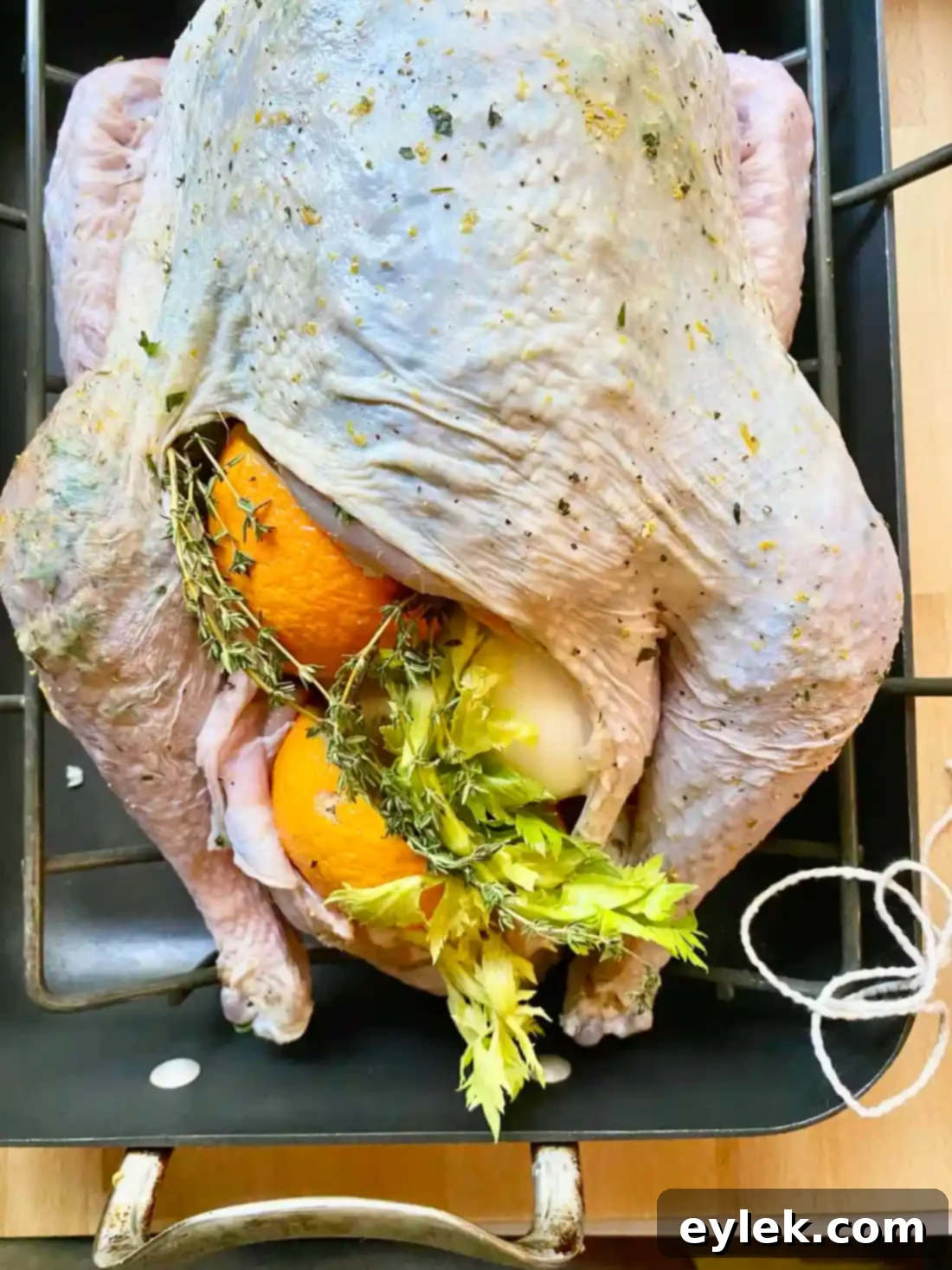 Turkey ready for oven on roasting rack