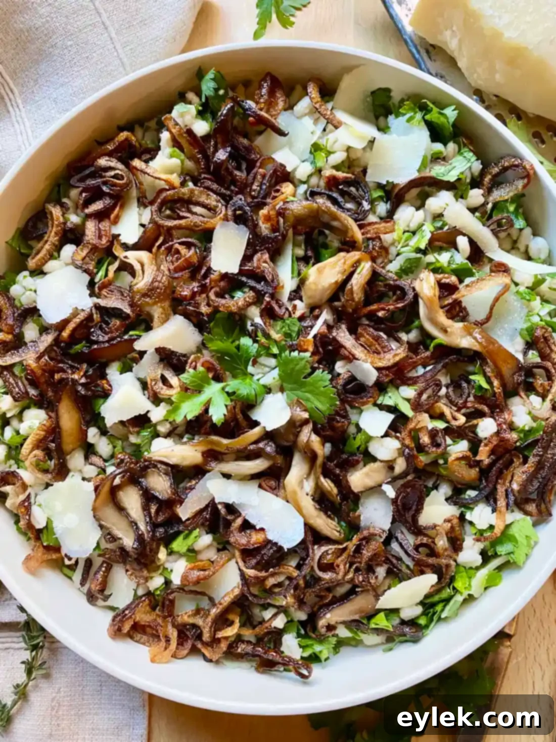 Serving bowl of Herby Barley Salad with Buttery Mushrooms, garnished with crispy shallots and fresh Parmesan