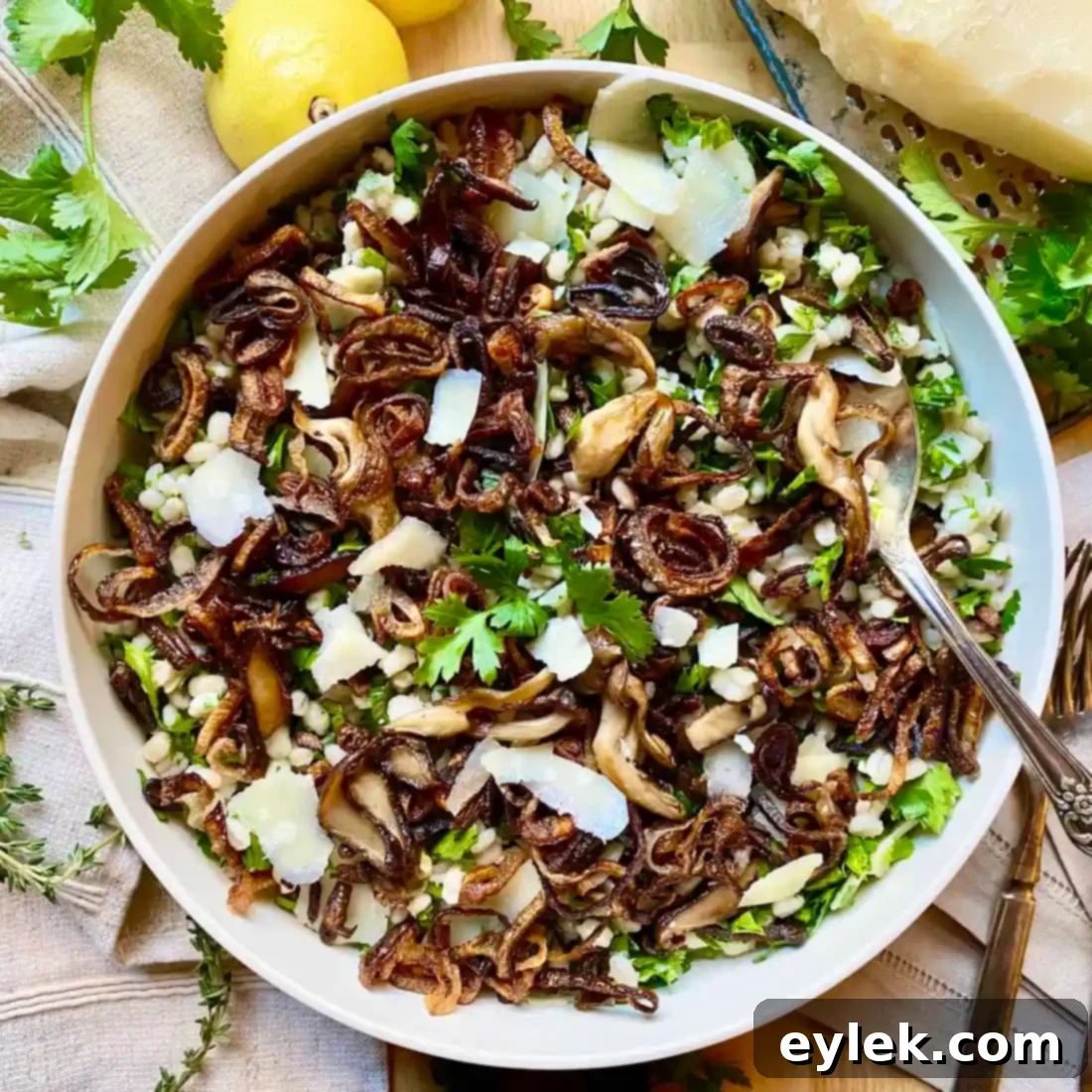 Herby Barley Salad with Buttery Mushrooms, artfully arranged and garnished, ready to eat
