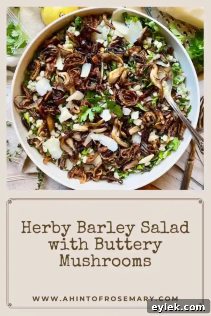 Beautifully plated Herby Barley Salad with Buttery Mushrooms on a white dish