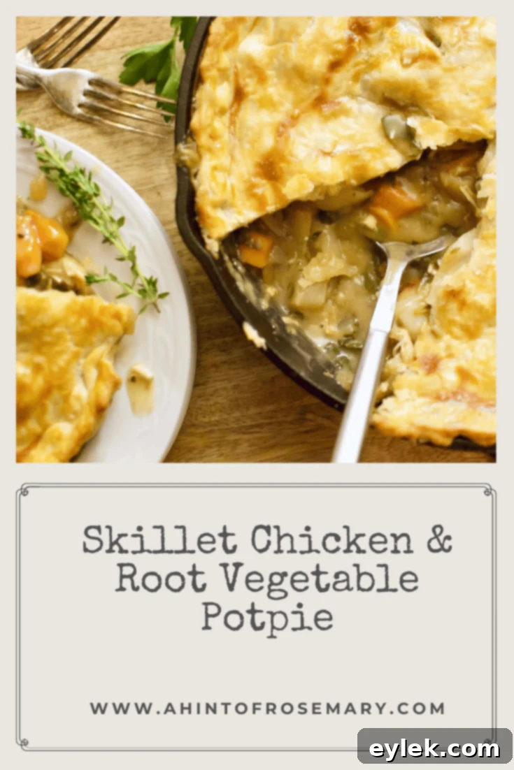 Skillet chicken and root vegetable pot pie served with a side salad