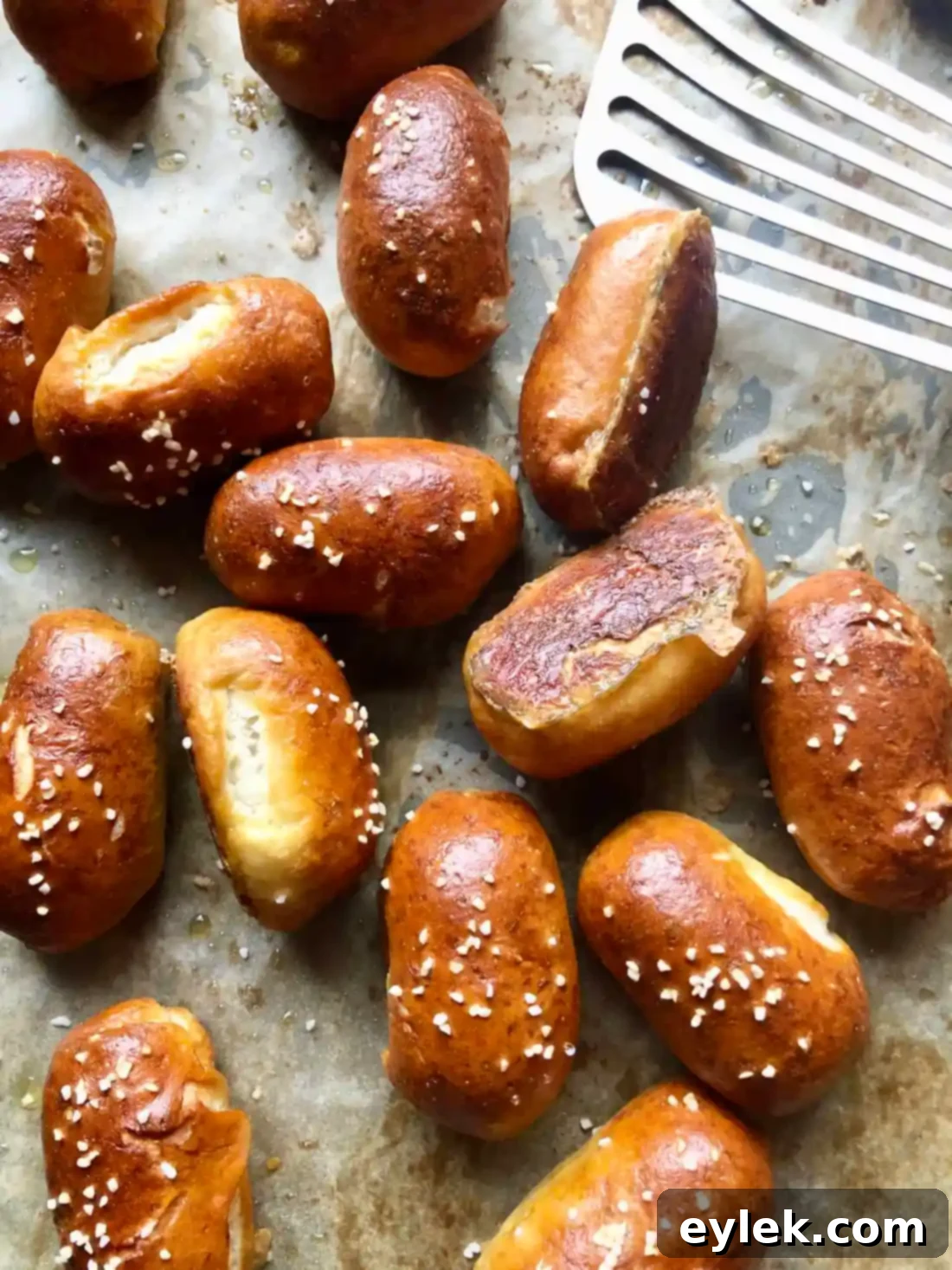Close up of Mini Dog Pretzel Bites on a serving tray