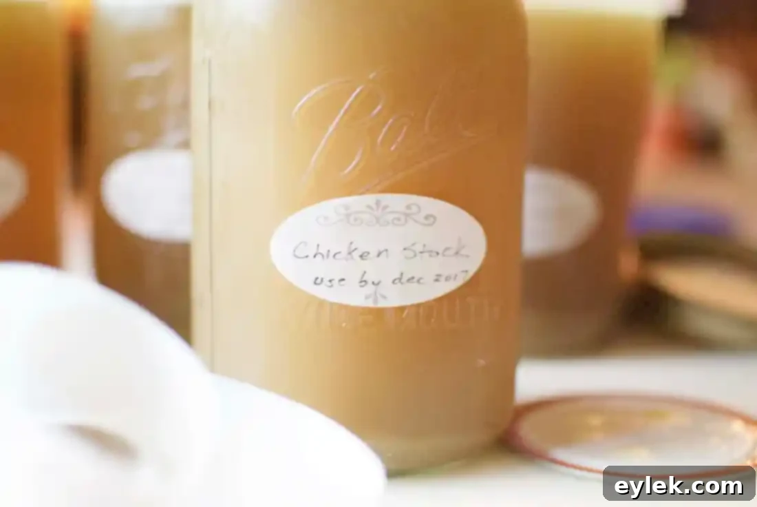 Frozen jars of homemade chicken stock with labels