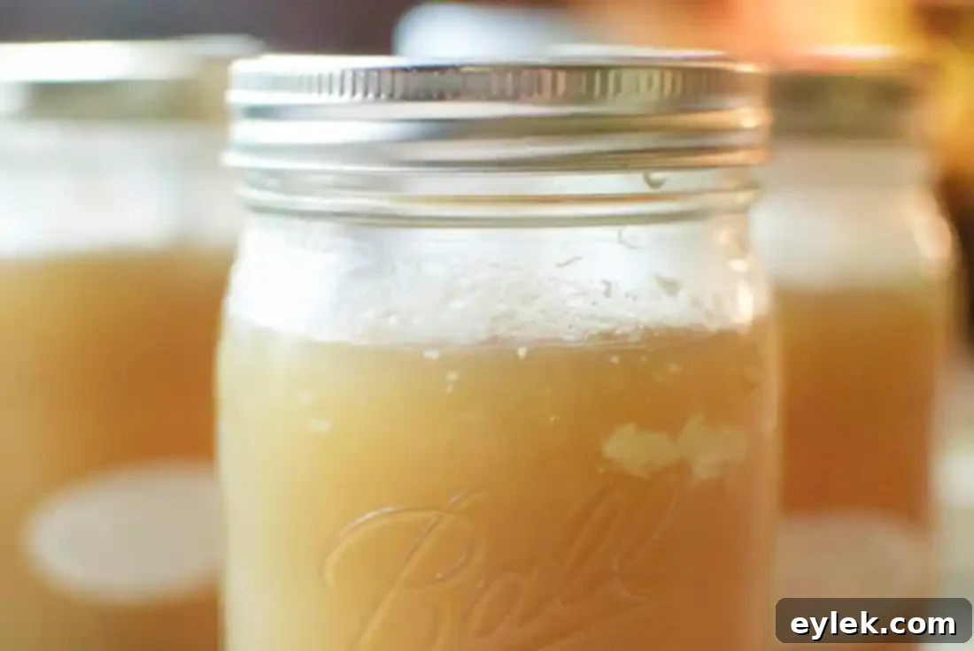 Labelled jars of Ina Garten's homemade chicken stock in a fridge