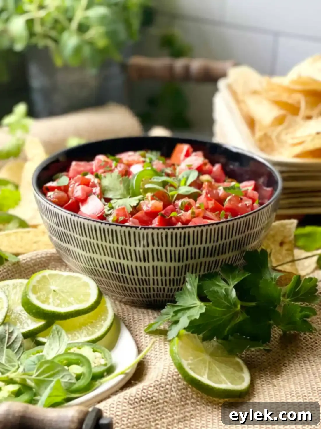 Homemade Fresh Tomato Salsa in a serving bowl with a spoon