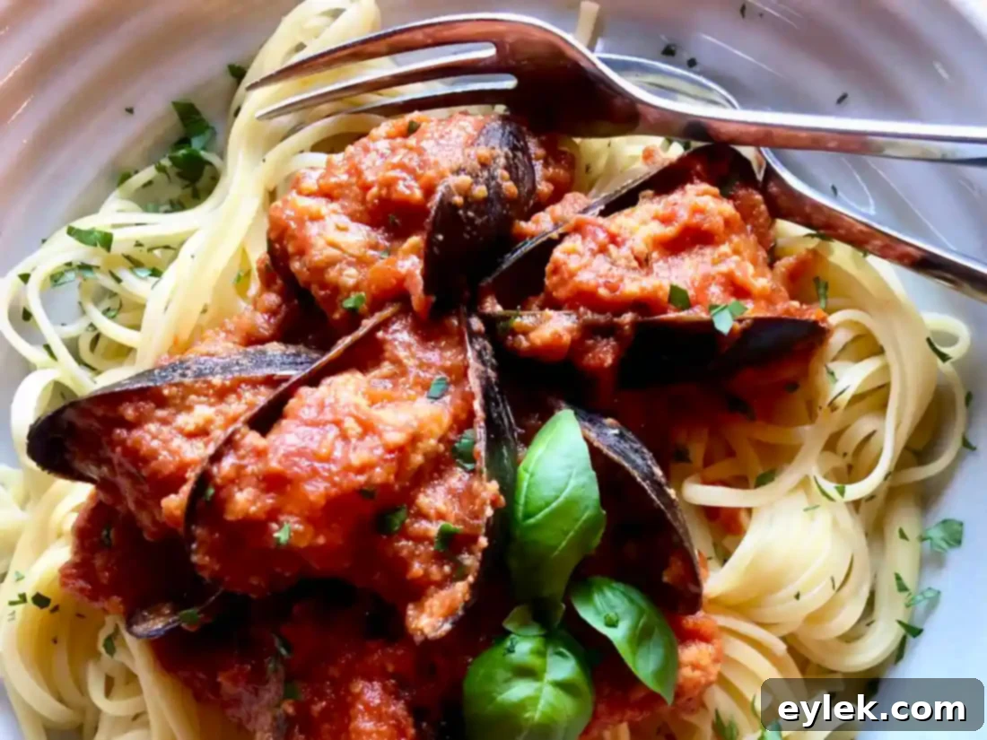 Homemade Stuffed Mussels Marinara on pasta close up