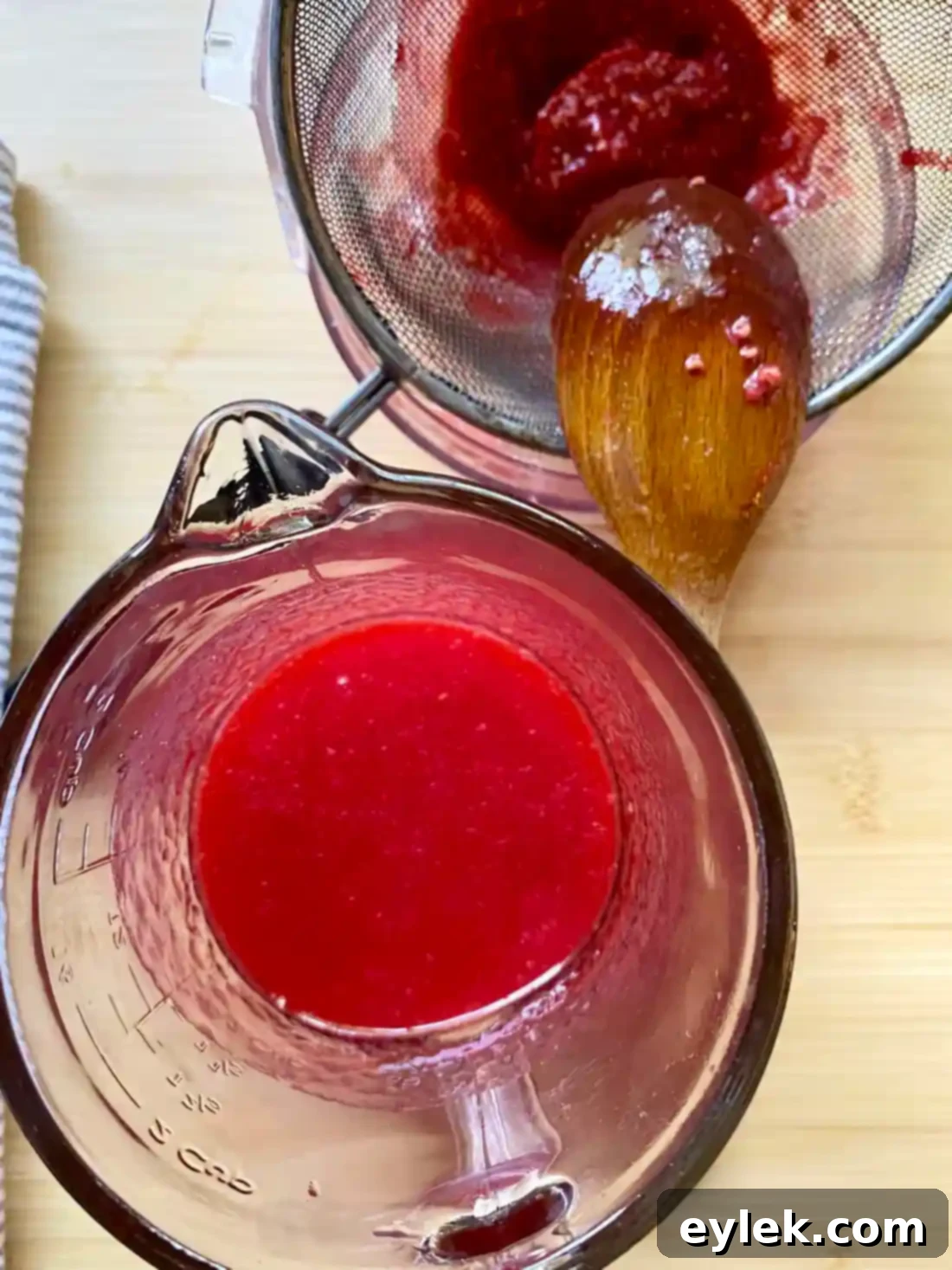 Seedless raspberry puree in a measuring cup
