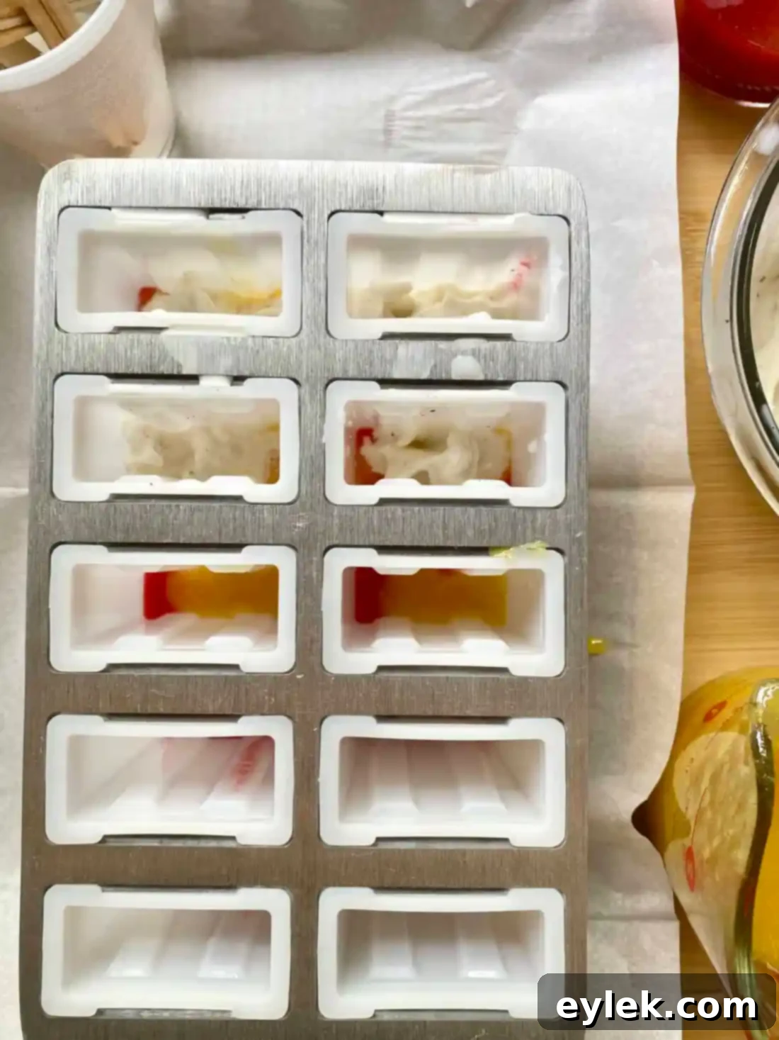 Layering raspberry sauce into popsicle molds