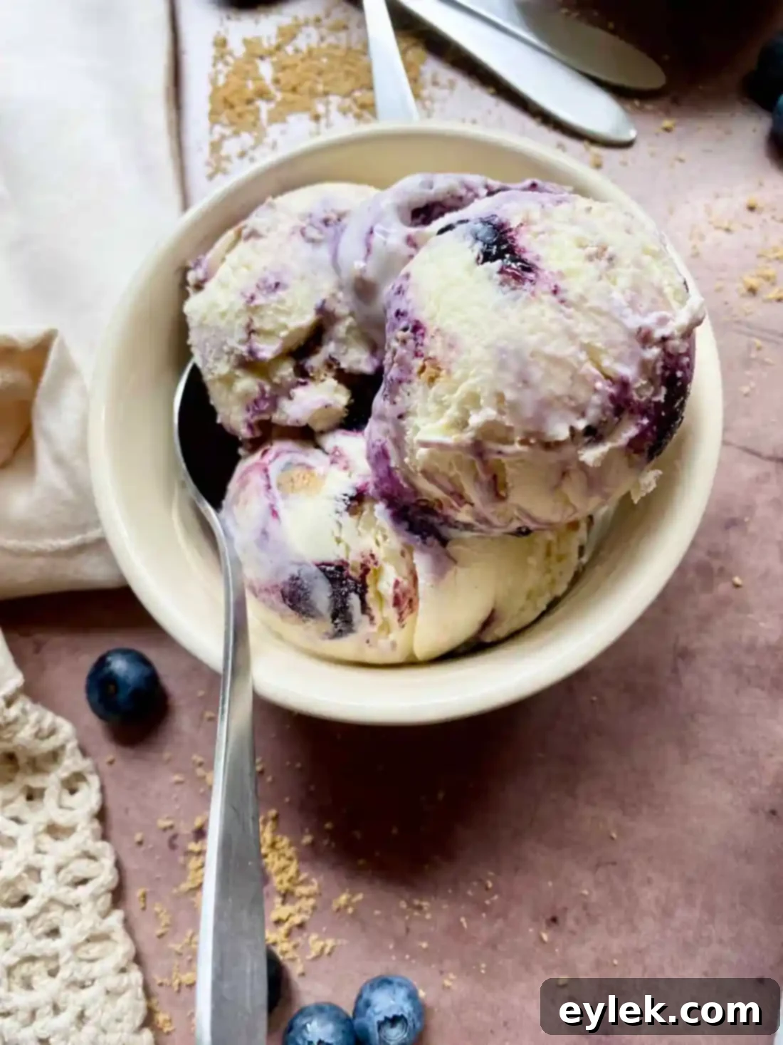 Scoops of blueberry cheesecake ice cream with garnish