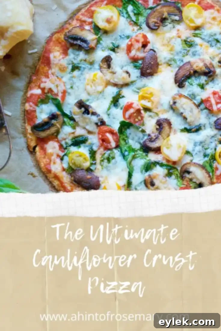 The ultimate cauliflower crust pizza, showcasing its vibrant and fresh toppings on a rustic background.