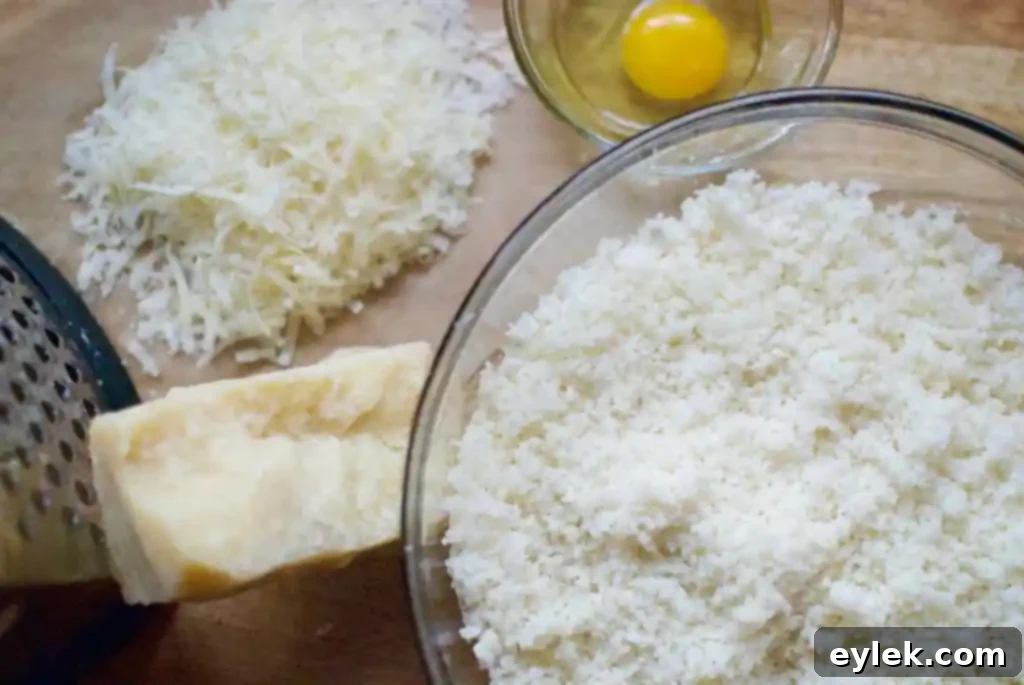Before and after comparison of cauliflower texture for pizza crust, showing large chunks vs finely processed.