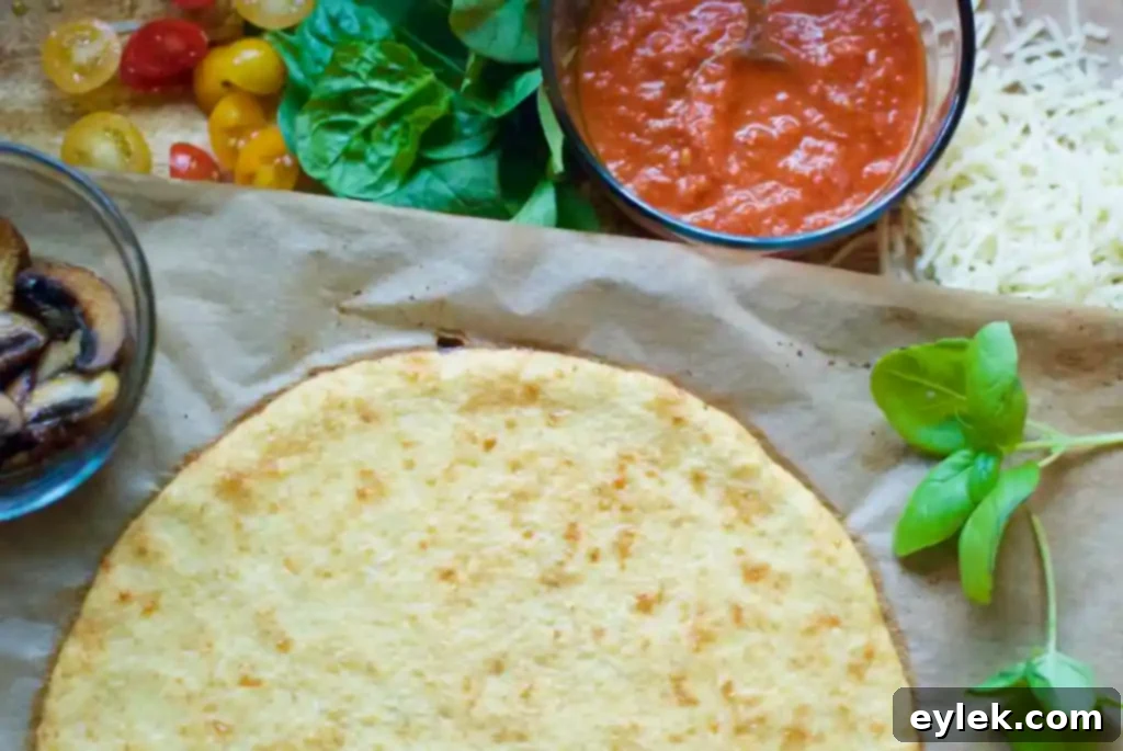 Pre-baked cauliflower pizza crust with golden edges, ready for toppings.