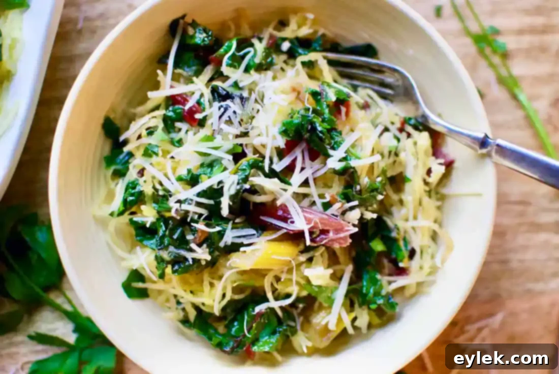Overhead shot of Spaghetti Squash Aglio E Olio with Rainbow Chard in a bowl.