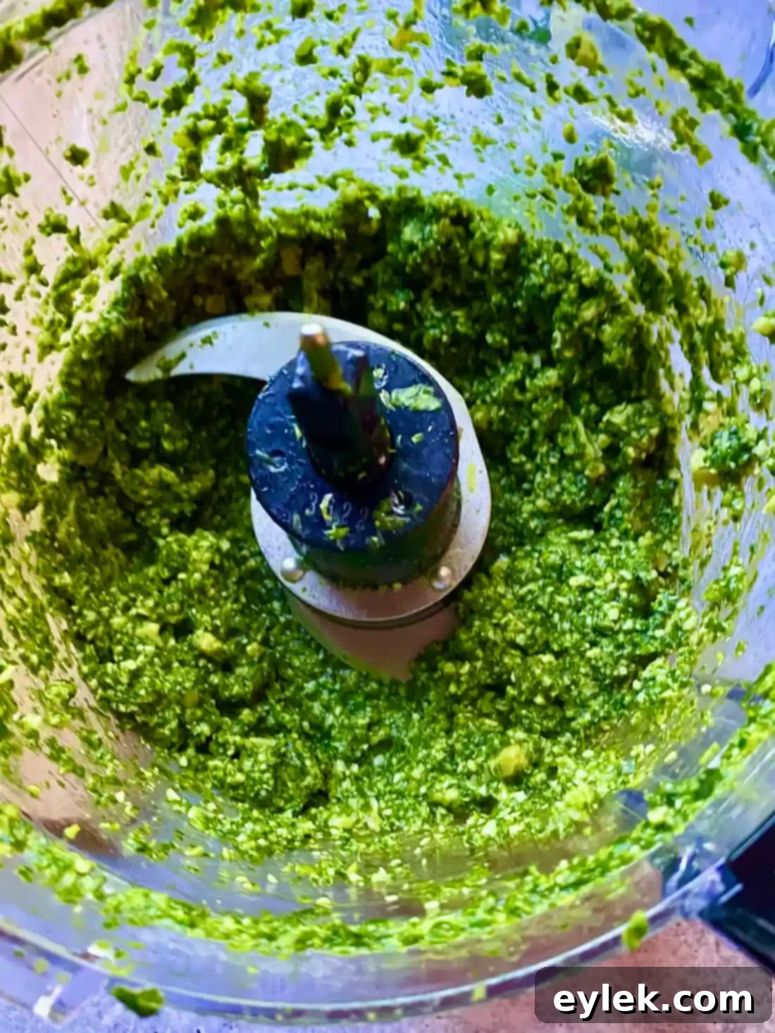 Broccoli Rabe & Lemon Pesto finished and ready to taste, in the food processor.