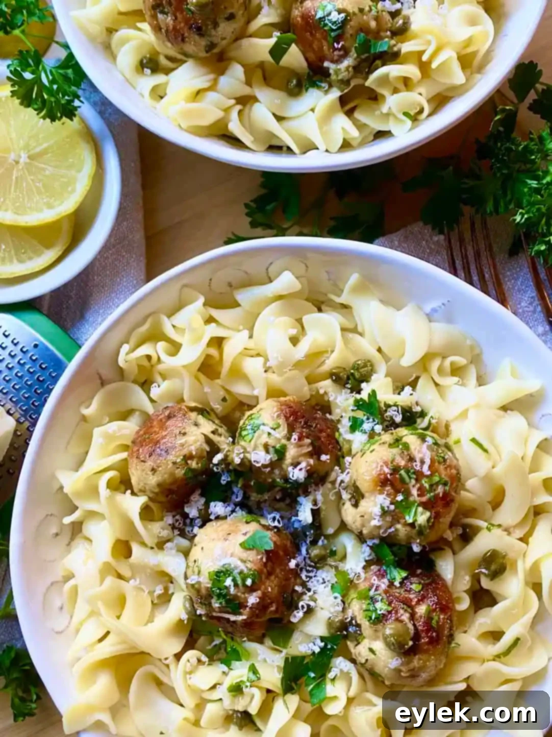 Lemony Chicken Piccata Meatballs served as a meal
