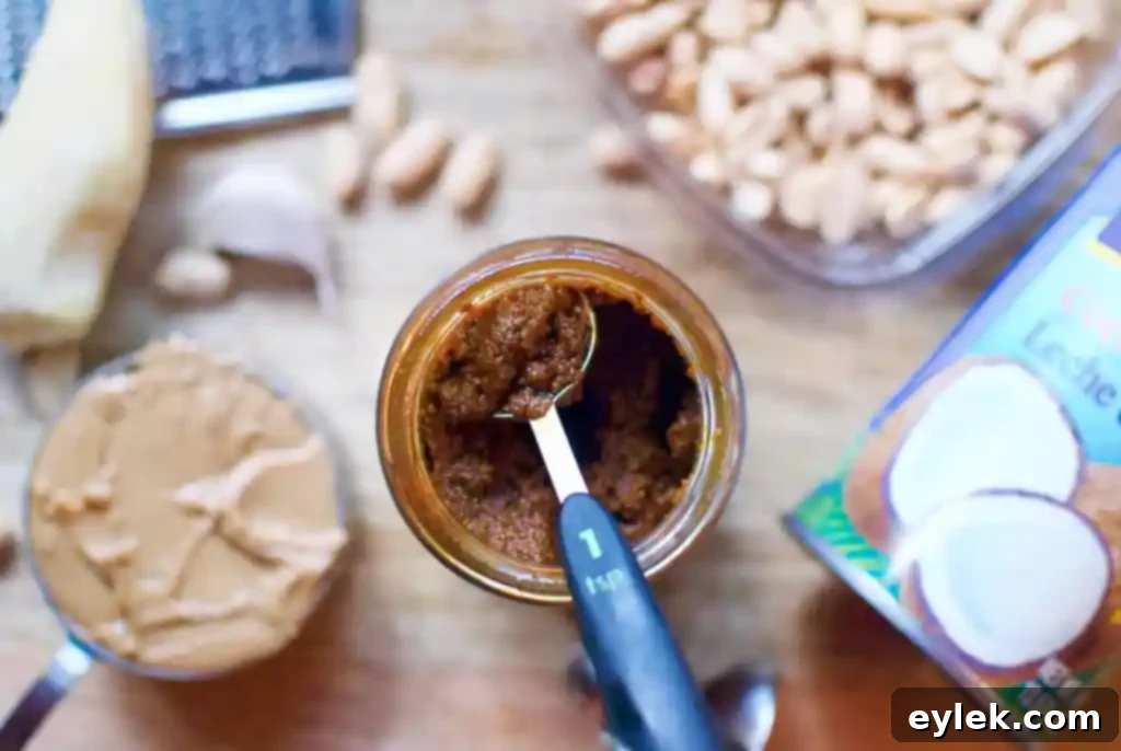 Ingredients for Thai peanut sauce in a food processor