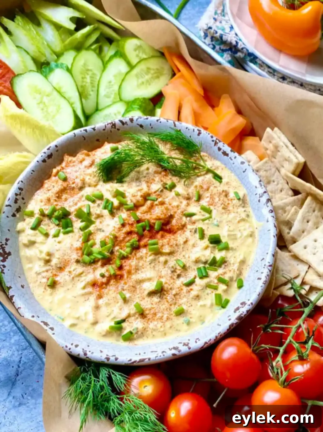 Easy Deviled Egg Dip - Close-up with Crackers