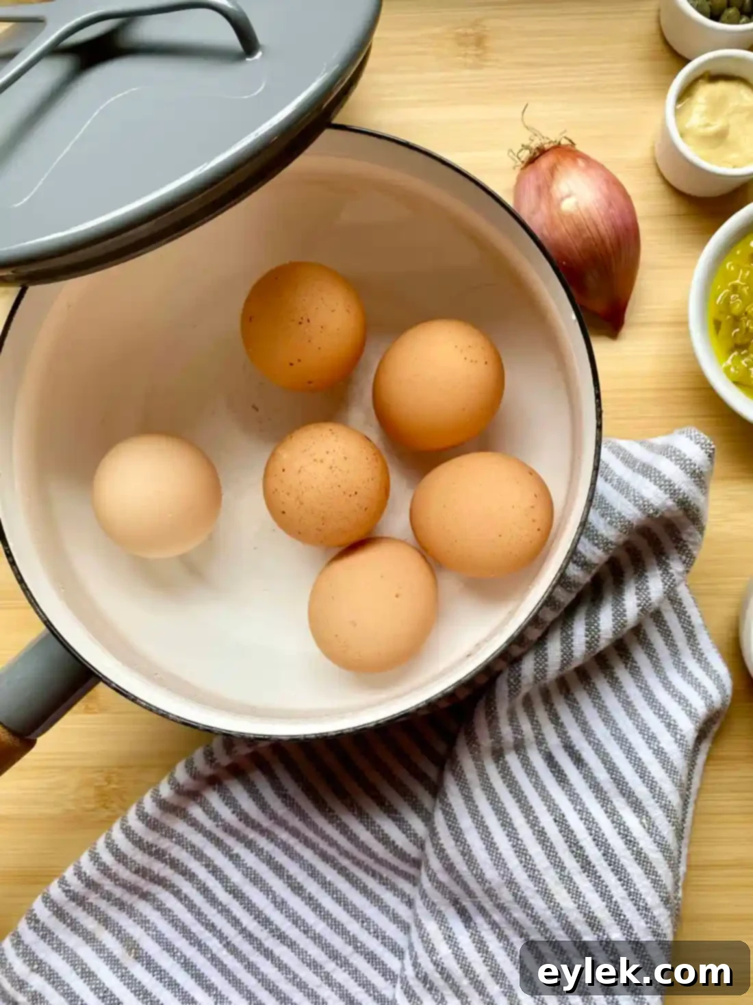 Easy Deviled Egg Dip - Eggs in Pot