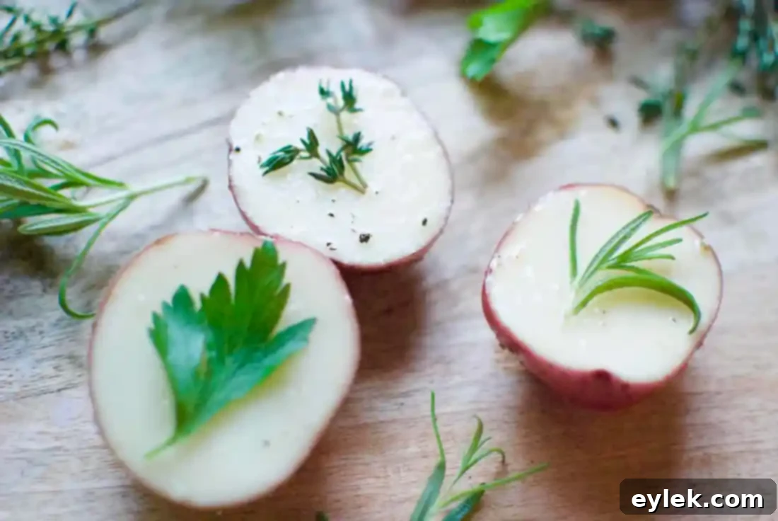 Close-up of a potato half with a fresh herb sprig placed on its cut side