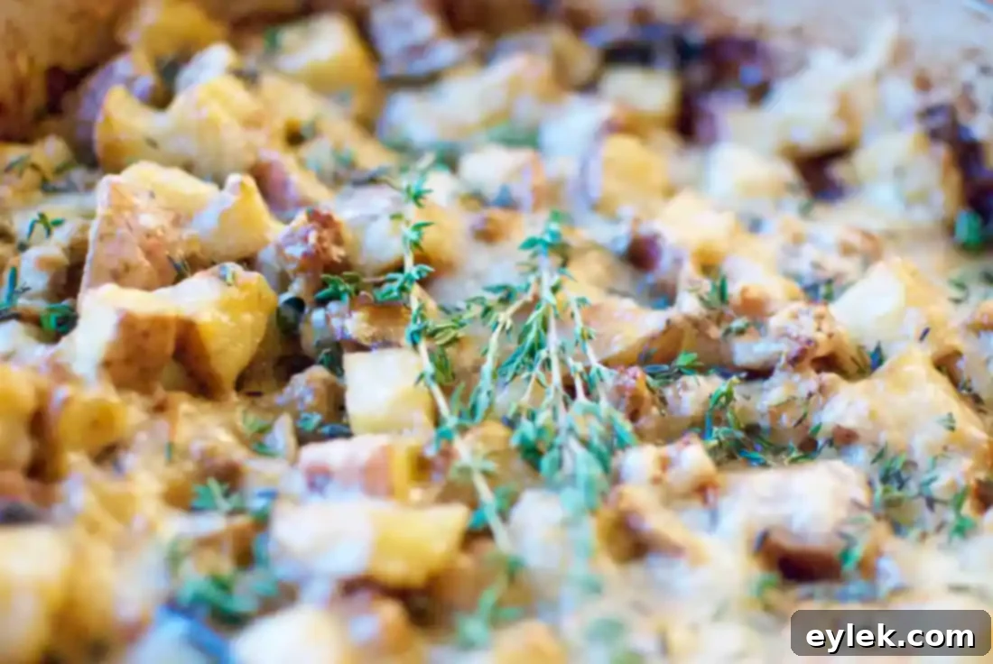 sausage, mushroom & potato gratin close up