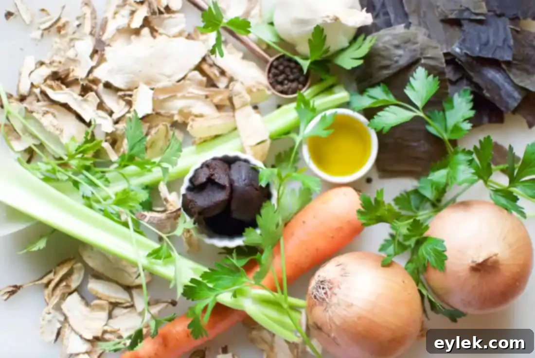 Hearty Vegetarian Umami Broth with roasted vegetables