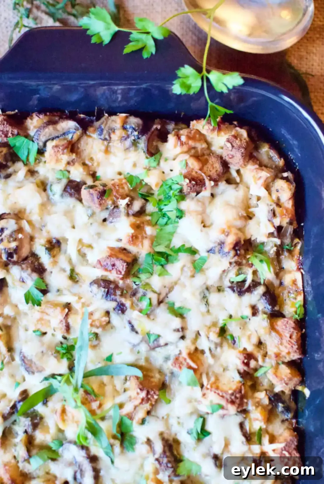 Full dish of Gluten-Free (Or Not) Mushroom & Leek Bread Pudding