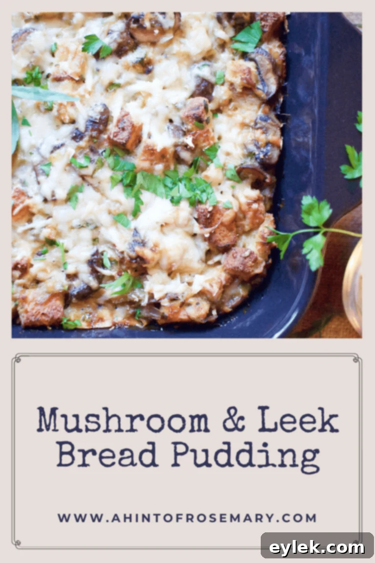 close up of a slice of mushroom and leek bread pudding