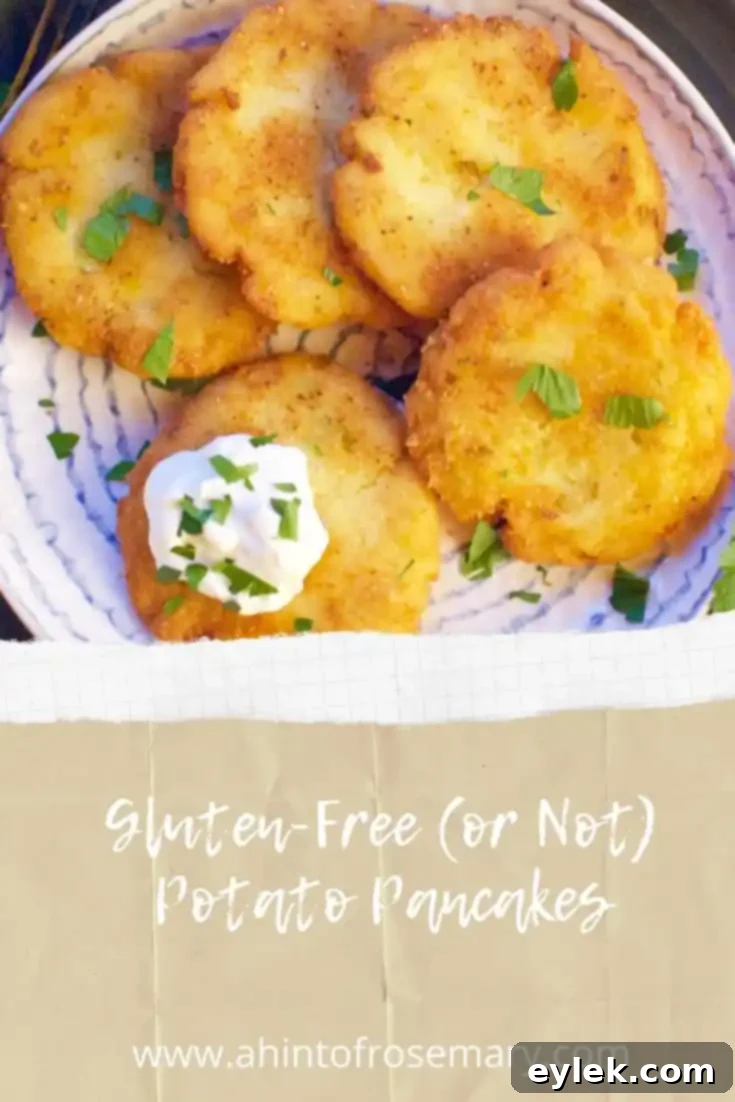 A vibrant, vertical shot of golden crispy Gluten-Free or Regular Potato Pancakes, showcasing their perfect texture and delicious appeal.