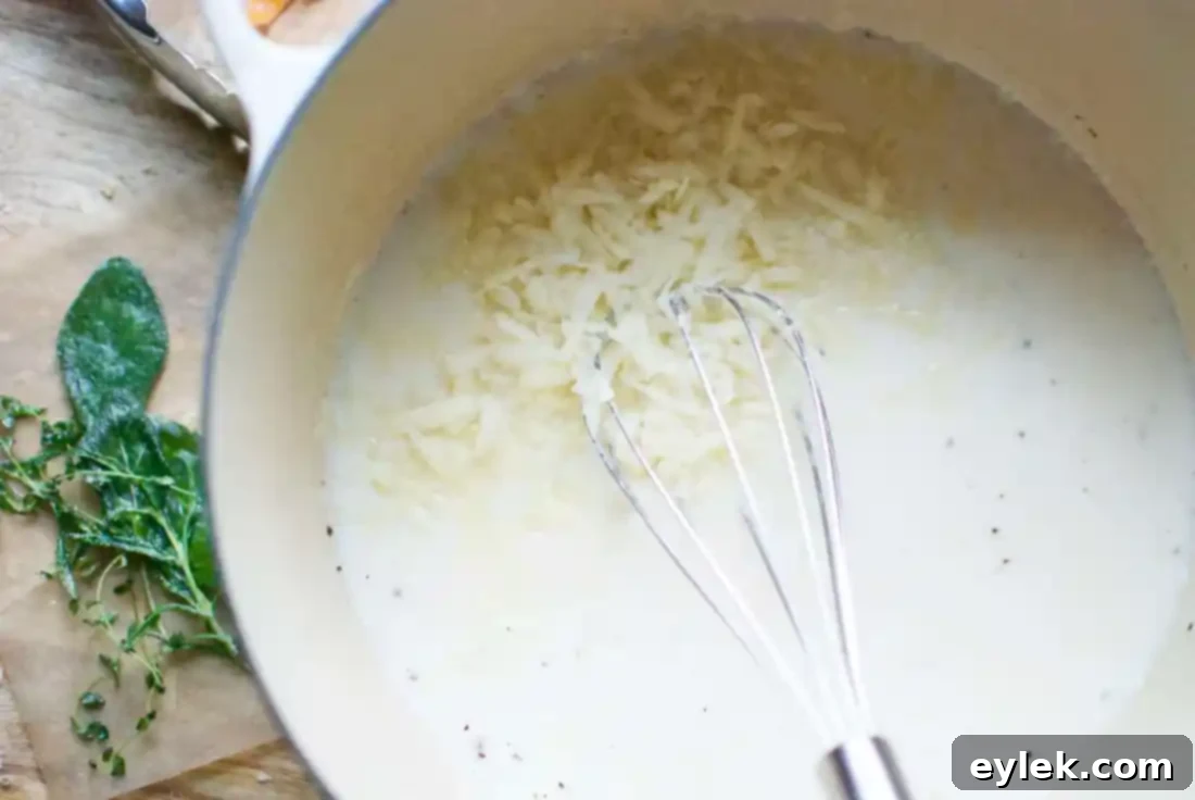 adding pasta to cheese sauce