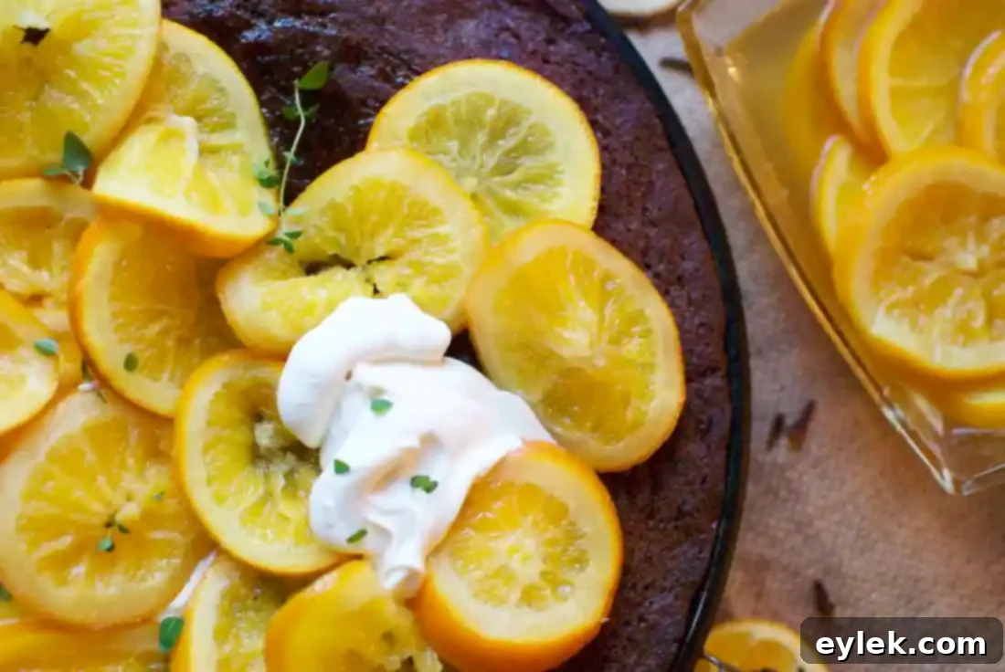 Slice of Chocolate Gingerbread Cake topped with whipped cream and simmered orange slices