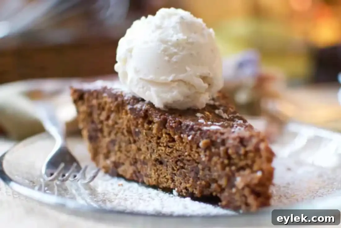 Plain slice of Chocolate Gingerbread Cake on a plate, showing its moist interior and chocolate pieces