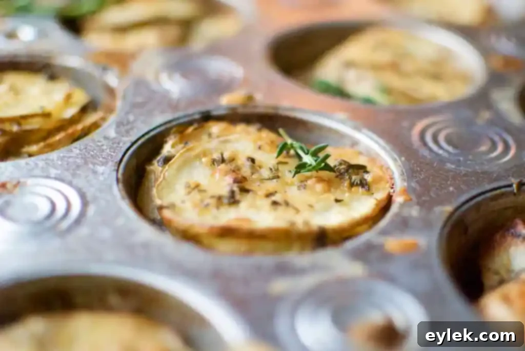 Individual cheesy potato and herb stacks, perfectly golden and ready to serve.