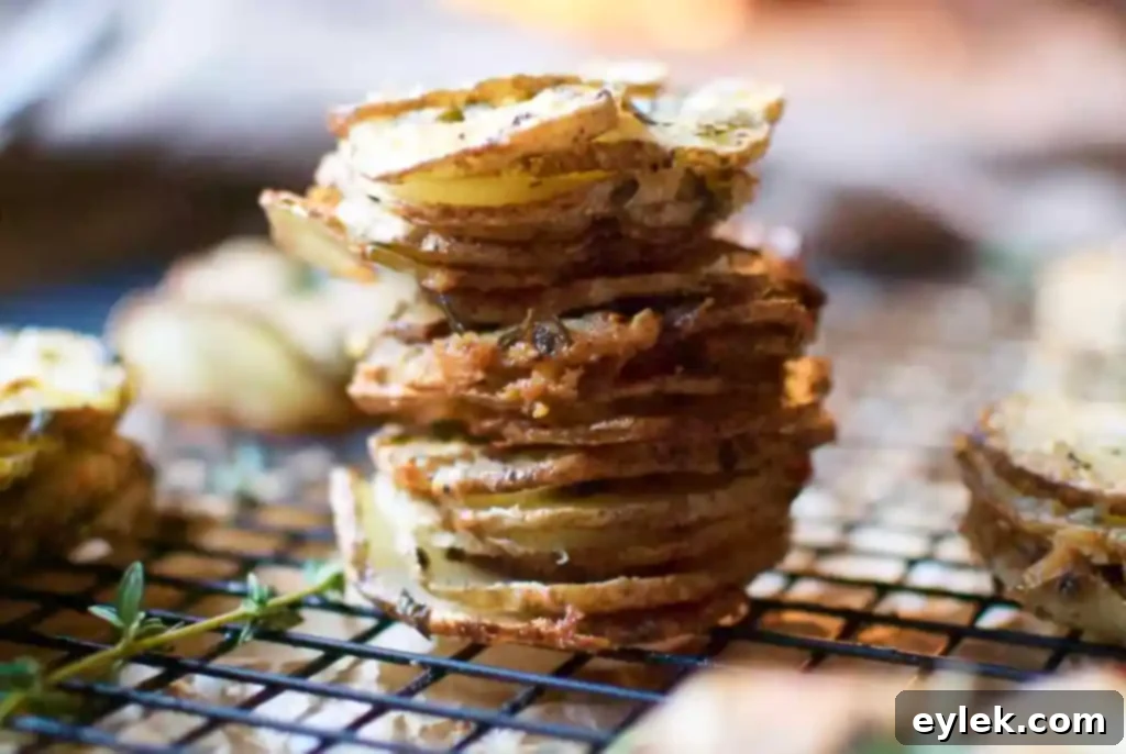 Perfectly baked cheesy potato and herb stacks, ready to be enjoyed as a side dish.