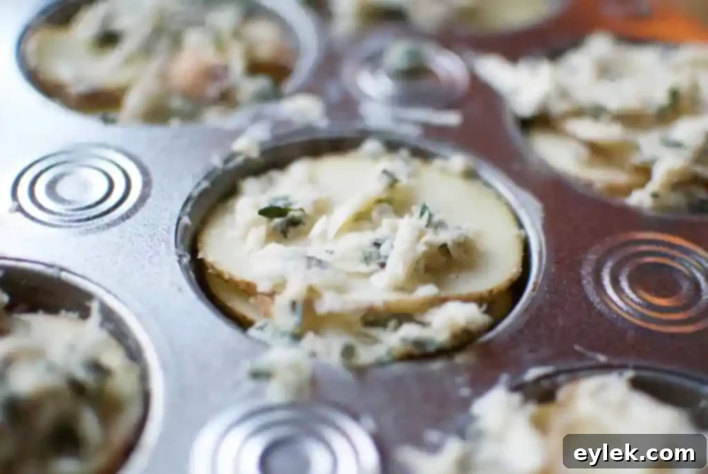 A close-up of a muffin tin filled with pre-baked cheesy potato and herb stacks.