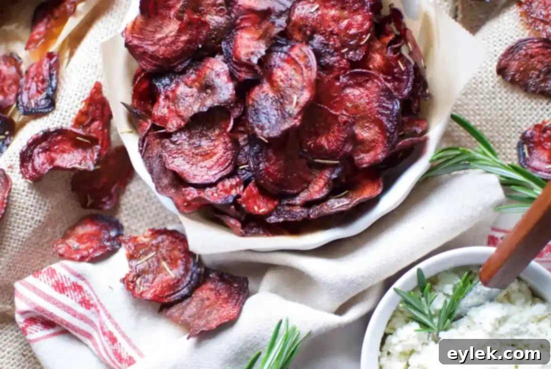 Freshly baked crispy beet and rosemary chips on a baking sheet