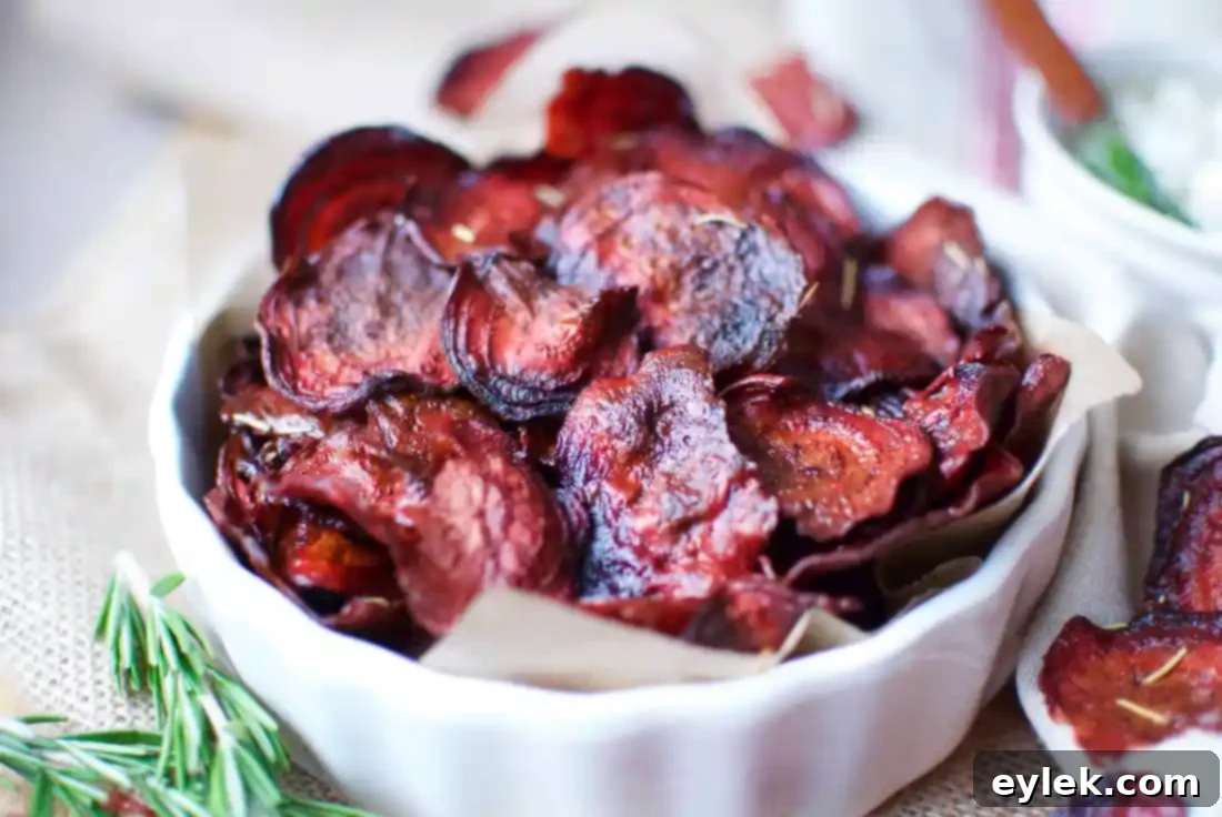 Baked Beet & Rosemary Chips served with a creamy dip