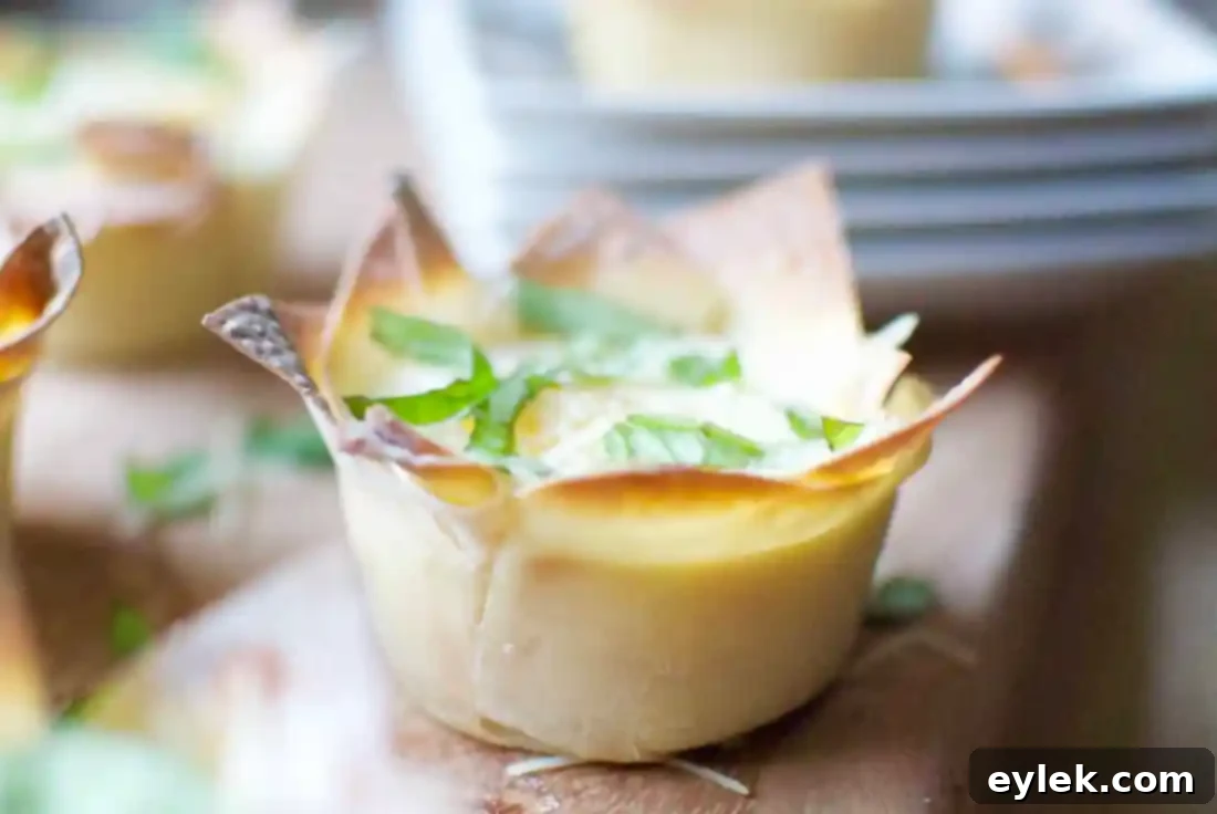 Serving of Italian Egg Wonton Cups, close-up to show the runny yolk and fresh basil.