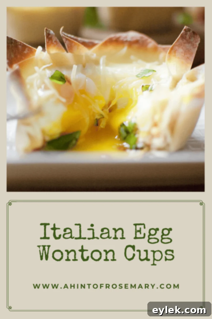 A visual representation of the final Italian Egg Wonton Cups, emphasizing their appeal for breakfast or brunch.