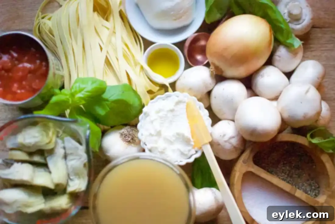 One-Pan Pasta with Ricotta, Artichokes & Mushrooms, ready to serve in a skillet