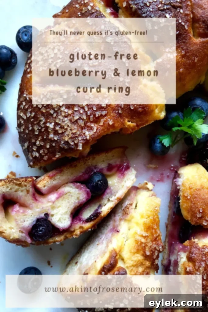 A high-angle shot of the baked Gluten-Free Blueberry & Lemon Curd Ring, ready to be served.