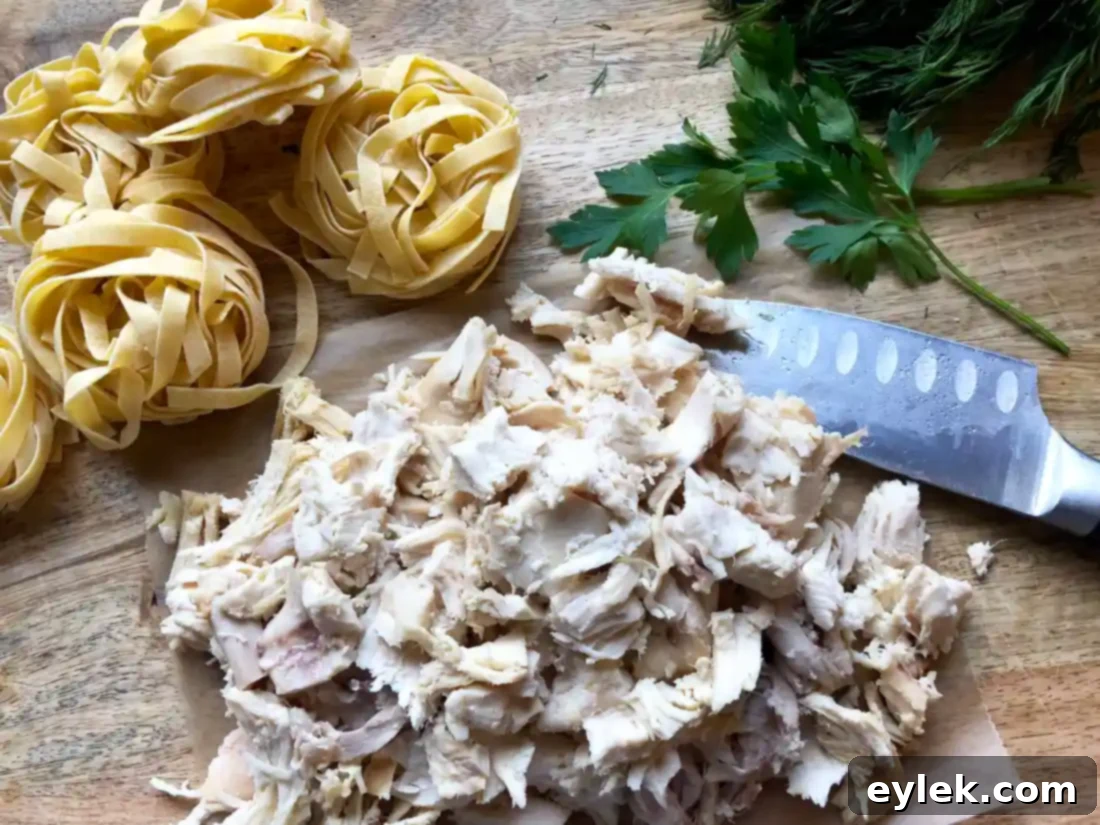 Shredded cooked chicken breast, ready to be added to the soup.