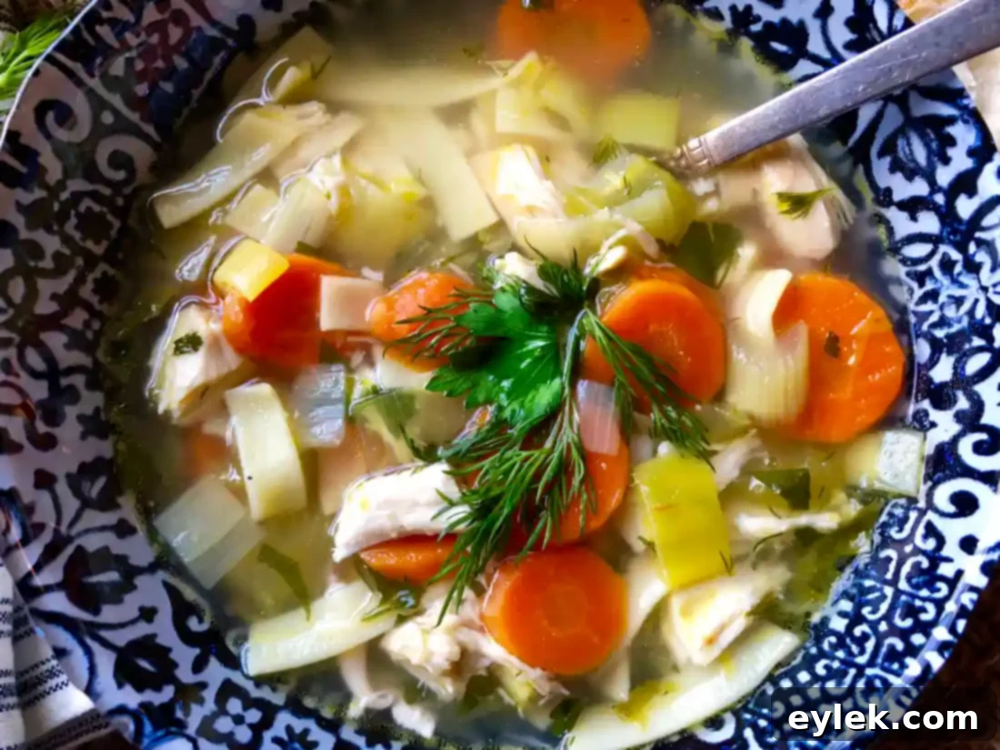 A serving of chicken noodle soup in a bowl with a spoon.