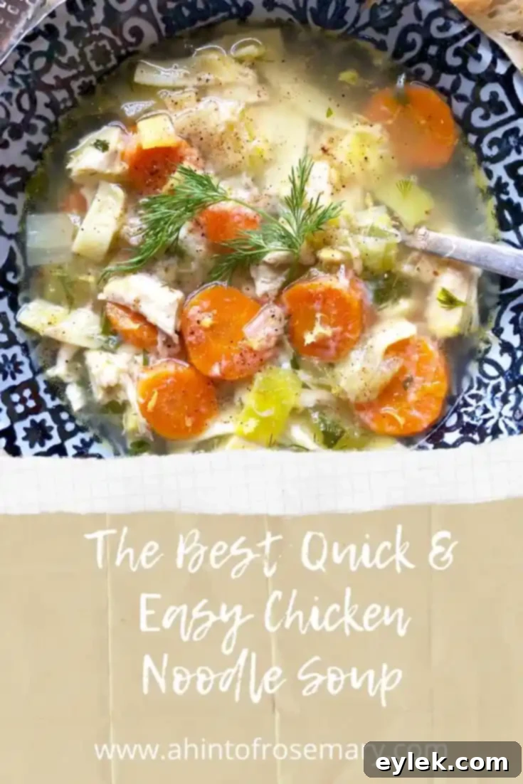 A bowl of chicken noodle soup with fresh herbs and a slice of crusty bread.