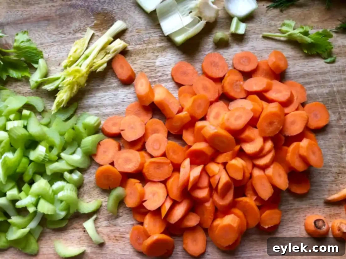 Close-up of chopped carrots and celery, ready for the soup pot.