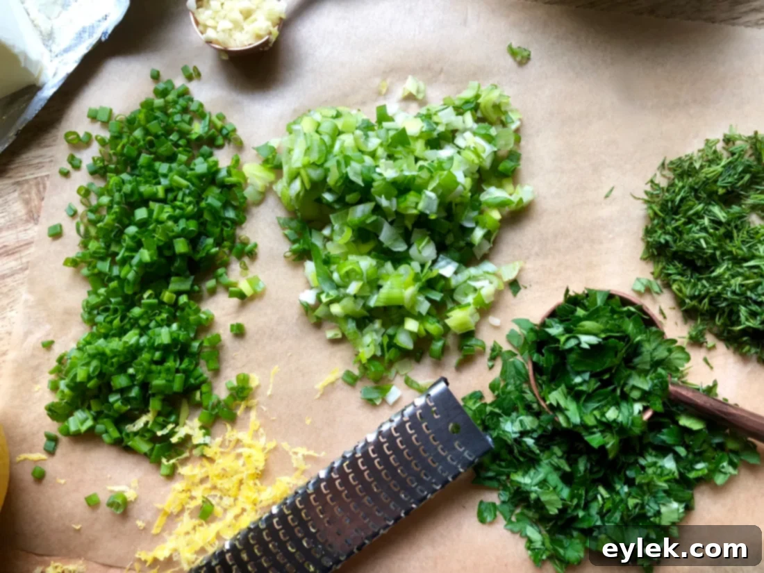 Close-up of creamy herbed dip with fresh dill and lemon zest