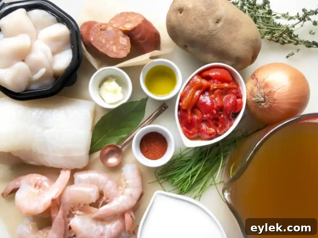 Blushing Seafood Chowder, a delicious medley of shrimp, scallops & haddock with Spanish chorizo